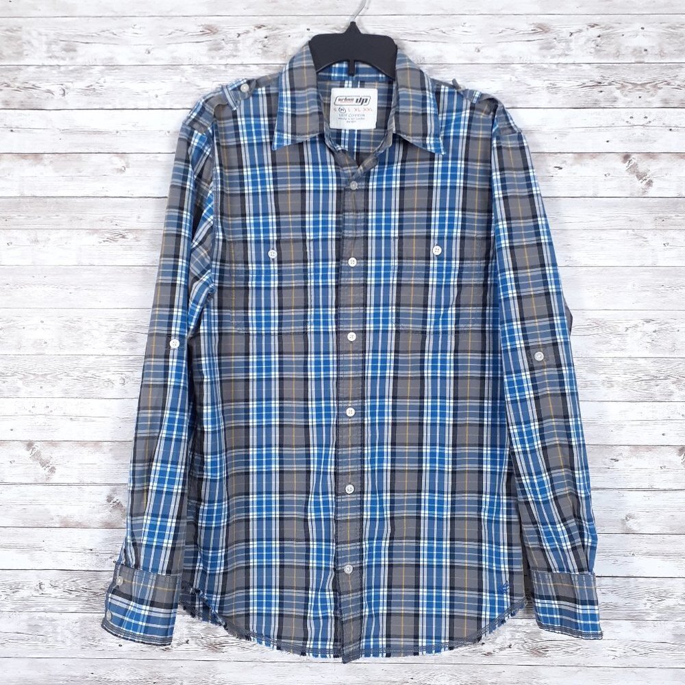 Urban Up Mens Button Up Shirt M Plaid Raw Edge 125A